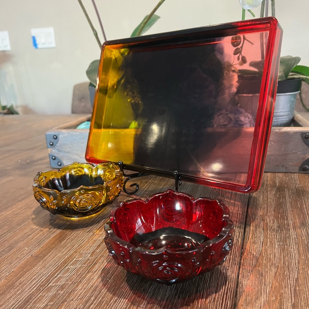 Red and Amber Colored Resin Tray with Bowls